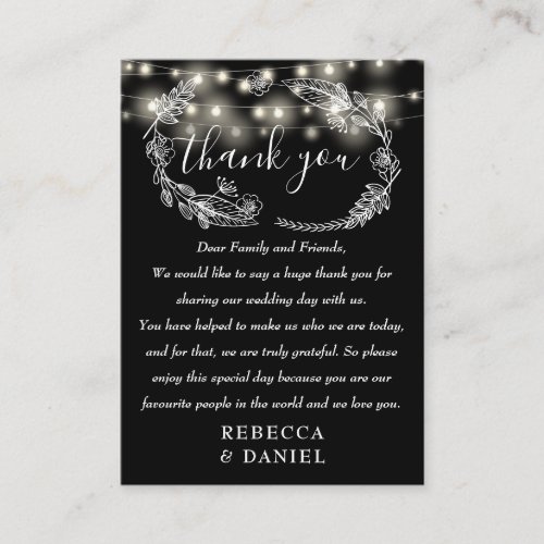 String Lights Thank You Black And White Wedding Place Card