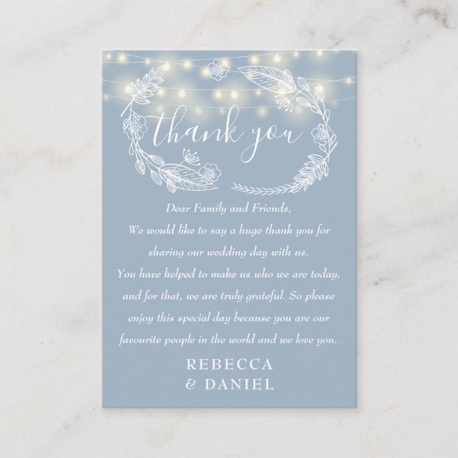String Lights Thank You Dusty Blue Wedding Place Card (Front)