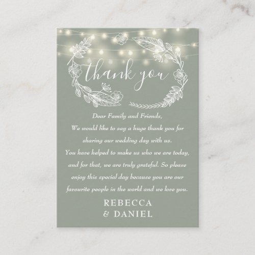 String Lights Thank You Sage Green Wedding Place Card