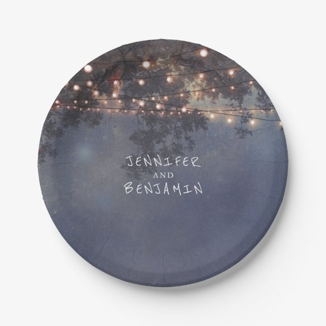 String Lights Tree Branches Rustic Wedding Paper Plates (Front)