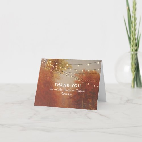 String Lights Tree Fall Wedding Thank You - Rustic trees and the romantic string of lights fall wedding thank you cards