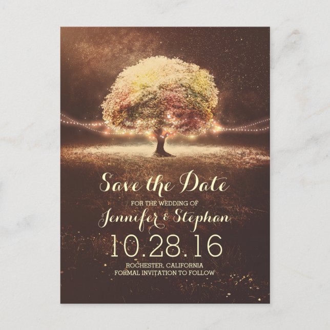 String lights tree romantic save the date postcard (Front)