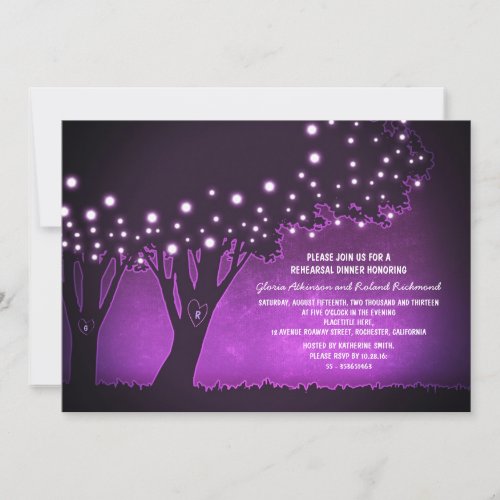 String lights tree rustic purple rehearsal dinner personalized invite