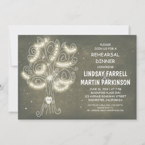 string lights tree rustic rehearsal dinner personalized invite