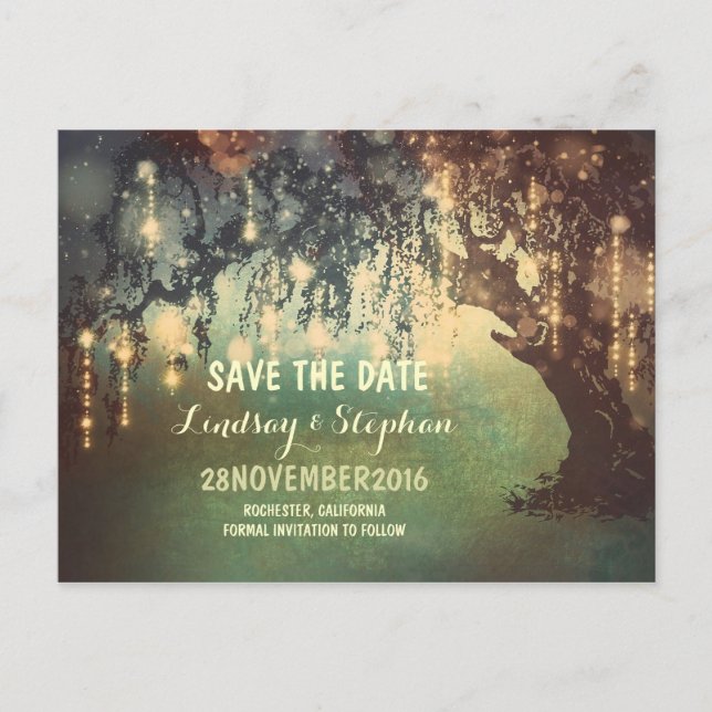 string lights tree rustic save the date postcard (Front)