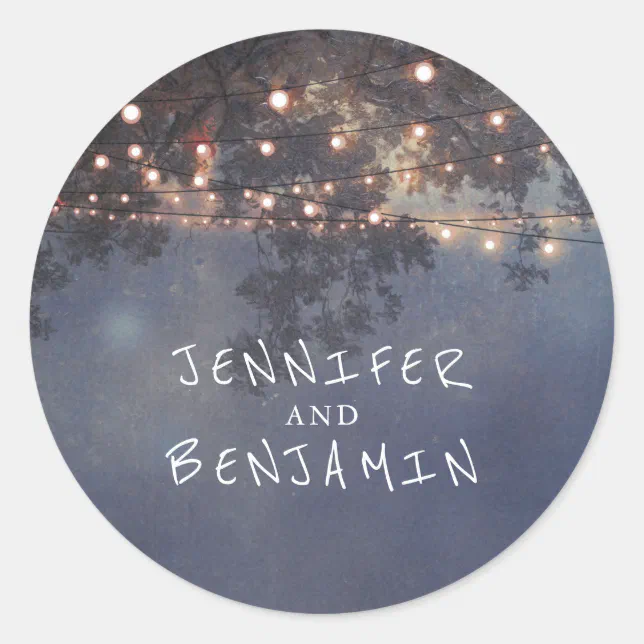 String Lights Tree Rustic Wedding Classic Round Sticker | Zazzle