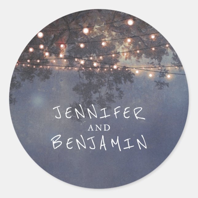 String Lights Tree Rustic Wedding Classic Round Sticker (Front)