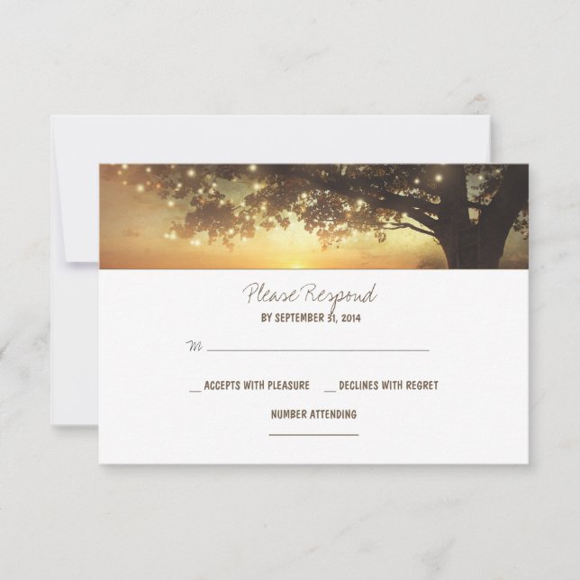 string lights tree rustic wedding RSVP card (Front)