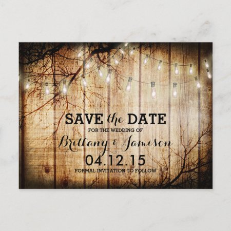String Lights Tree Vintage Barn Wood Save The Date Announcement Postca