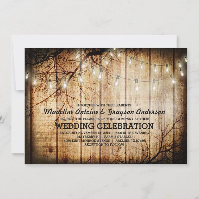 String Lights Tree Vintage Barn Wood Wedding Invitation (Front)