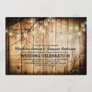 String Lights Tree Vintage Barn Wood Wedding Invitation