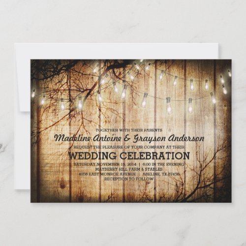 String Lights Tree Vintage Barn Wood Wedding Invitation