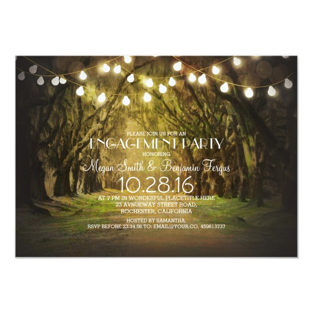 String Lights Trees Path Rustic Engagement Party Invitation