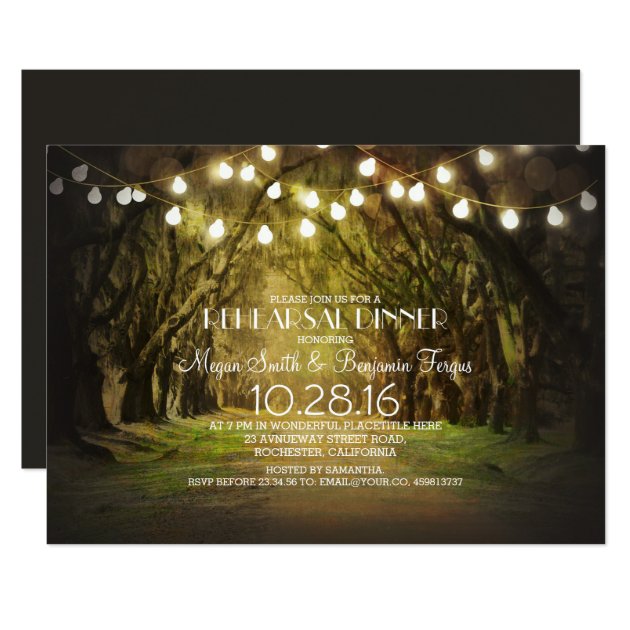 String Lights Trees Path Rustic Rehearsal Dinner Invitation