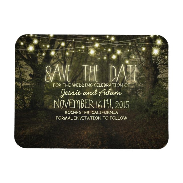 String lights trees path rustic save the date magnet (Horizontal)