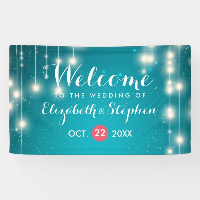 String Lights & Turquoise Glitter Wedding Welcome Banner (Horizontal)
