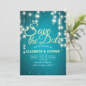 String Lights Turquoise Gold Script Save The Date (Standing Front)
