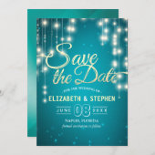 String Lights Turquoise Gold Script Save The Date (Front/Back)