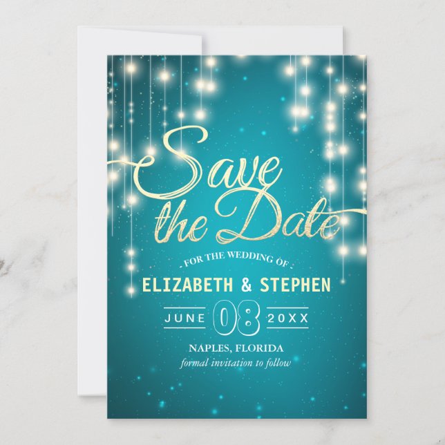 String Lights Turquoise Gold Script Save The Date (Front)