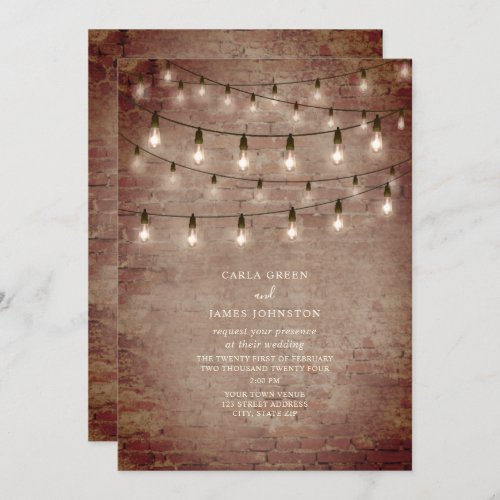 String Lights Vintage Industrial Brick Wedding Invitation