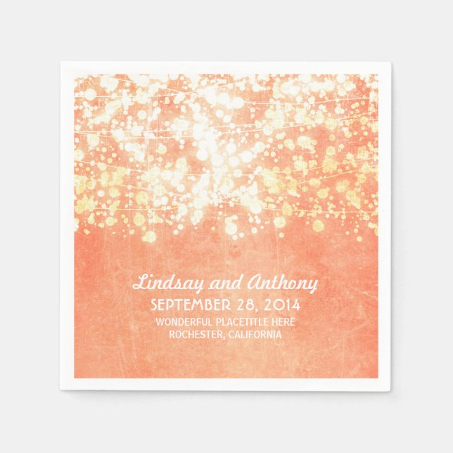 string lights vintage peach and gold wedding napkins (Front)