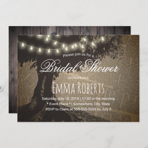 String Lights Vintage Tree Old Page Bridal Shower Invitation
