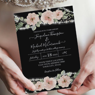 String Lights Watercolor Floral Rose Black Wedding Invitation