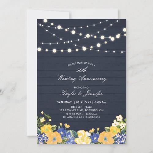 String Lights  Wood  50th Wedding Anniversary Invitation