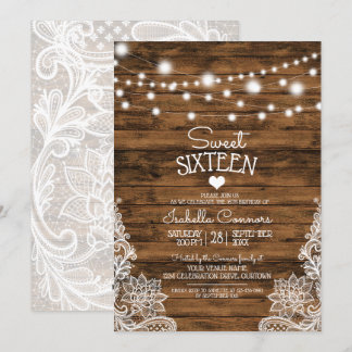 String Lights Wood and Lace Sweet 16 Party Invitation