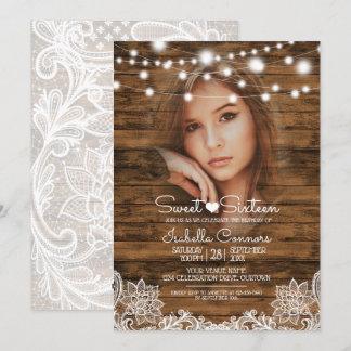 String Lights Wood and Lace Sweet 16 Party Invitation