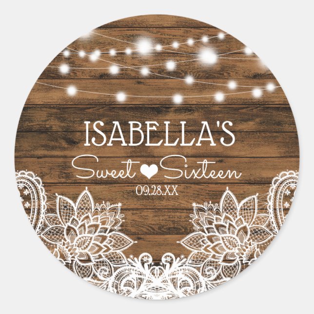 String Lights Wood and Lace Sweet 16 Thank You Classic Round Sticker (Front)