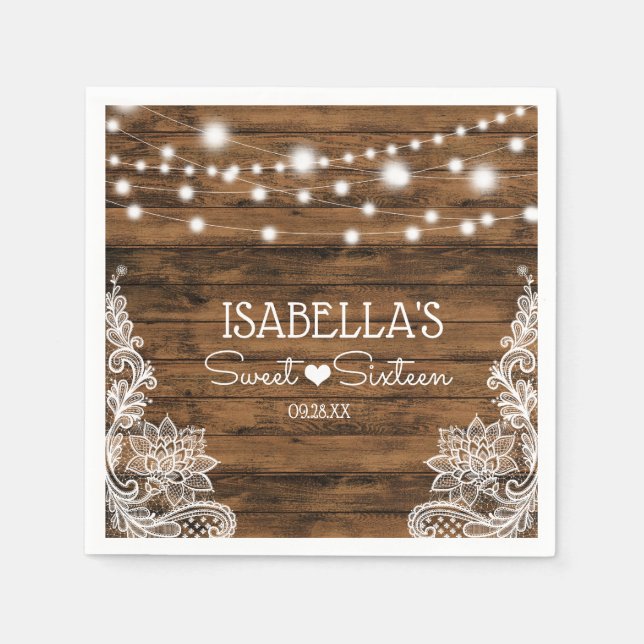 String Lights Wood and Lace Sweet Sixteen Napkins (Front)