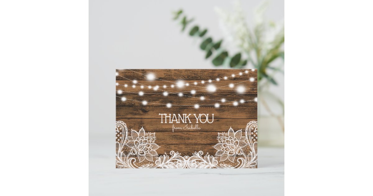 String Lights Wood and Lace Thank You Card | Zazzle
