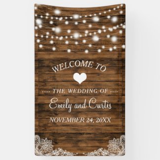 String Lights Wood and Lace Wedding Banner