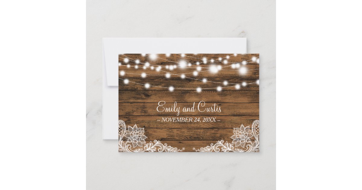 String Lights Wood and Lace Wedding Favor Thank You Card | Zazzle