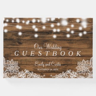 String Lights Wood and Lace | Wedding Guest Book
