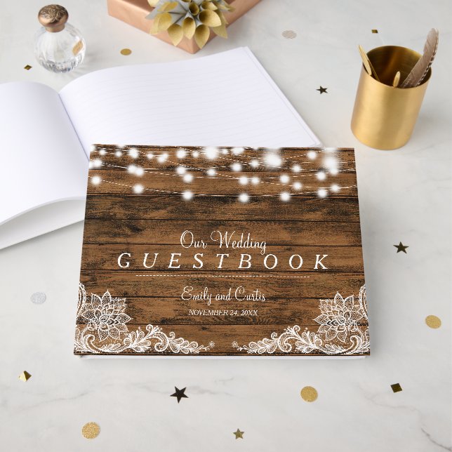 String Lights Wood and Lace | Wedding Guest Book (Front Open)