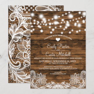 String Lights Wood and Lace Wedding Invitation
