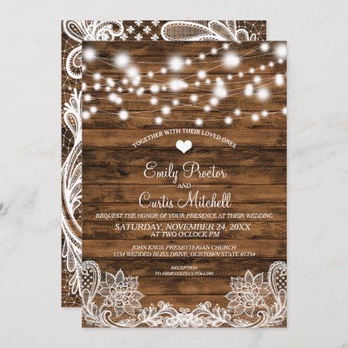 String Lights Wood and Lace Wedding Invitation