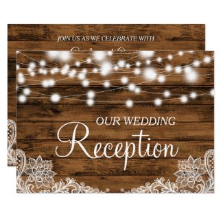 String Lights Wood and Lace Wedding Reception Card