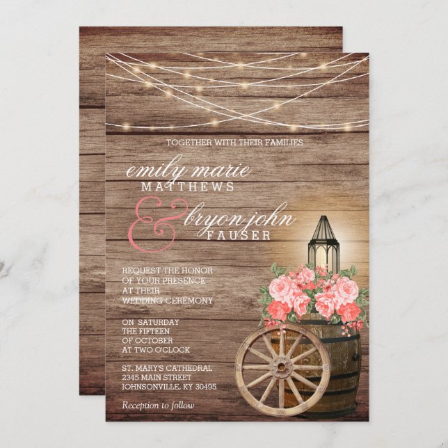 String Lights, Wood Barrel and Coral Flowers Invitation (Front/Back)