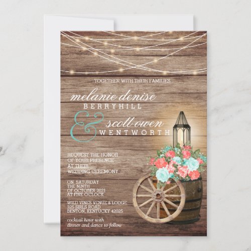 String Lights Wood Barrel and Teal Coral Flowers Invitation