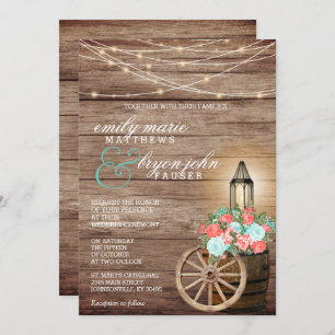 String Lights, Wood Barrel and Teal, Coral Flowers Invitation