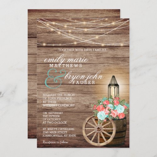 String Lights Wood Barrel and Teal Coral Flowers Invitation