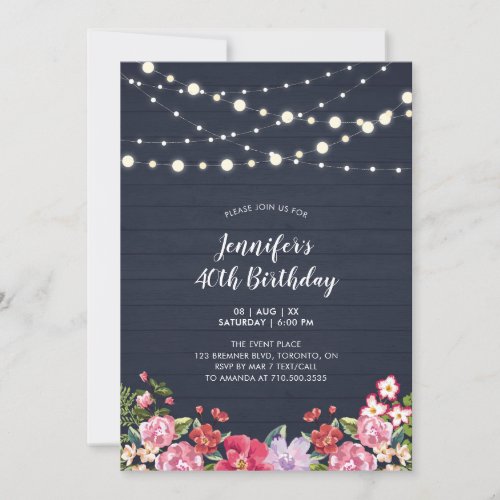 String Lights  Wood  Floral Adult Birthday Party Invitation