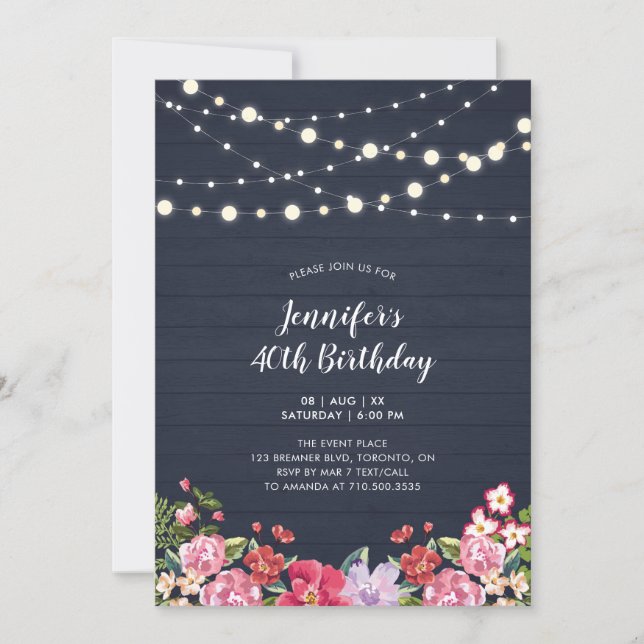 String Lights & Wood | Floral Adult Birthday Party Invitation (Front)