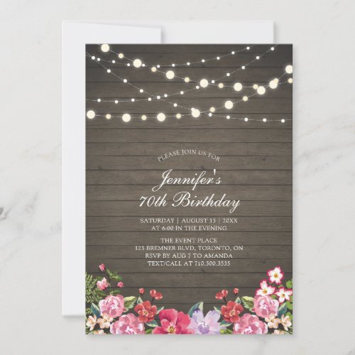 String Lights  Wood  Floral Adult Birthday Party Invitation