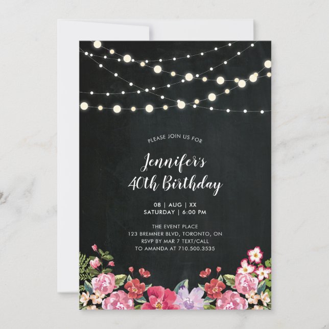 String Lights & Wood | Floral Adult Birthday Party Invitation (Front)