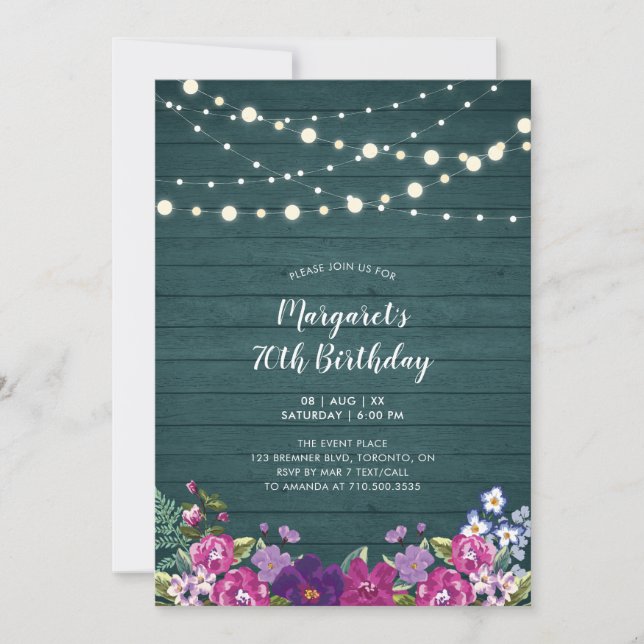 String Lights & Wood | Floral Adult Birthday Party Invitation (Front)