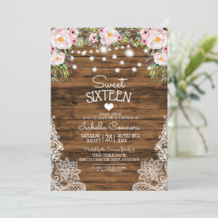 String Lights Wood Floral and Lace Sweet 16 Party Invitation